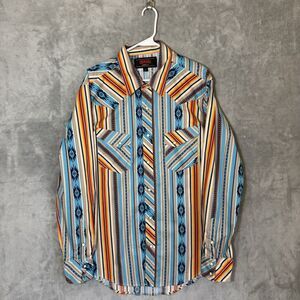 Rock & Roll Cowboy Sz L Men Striped Aztec Western Pearl Snap Button Up Tribal